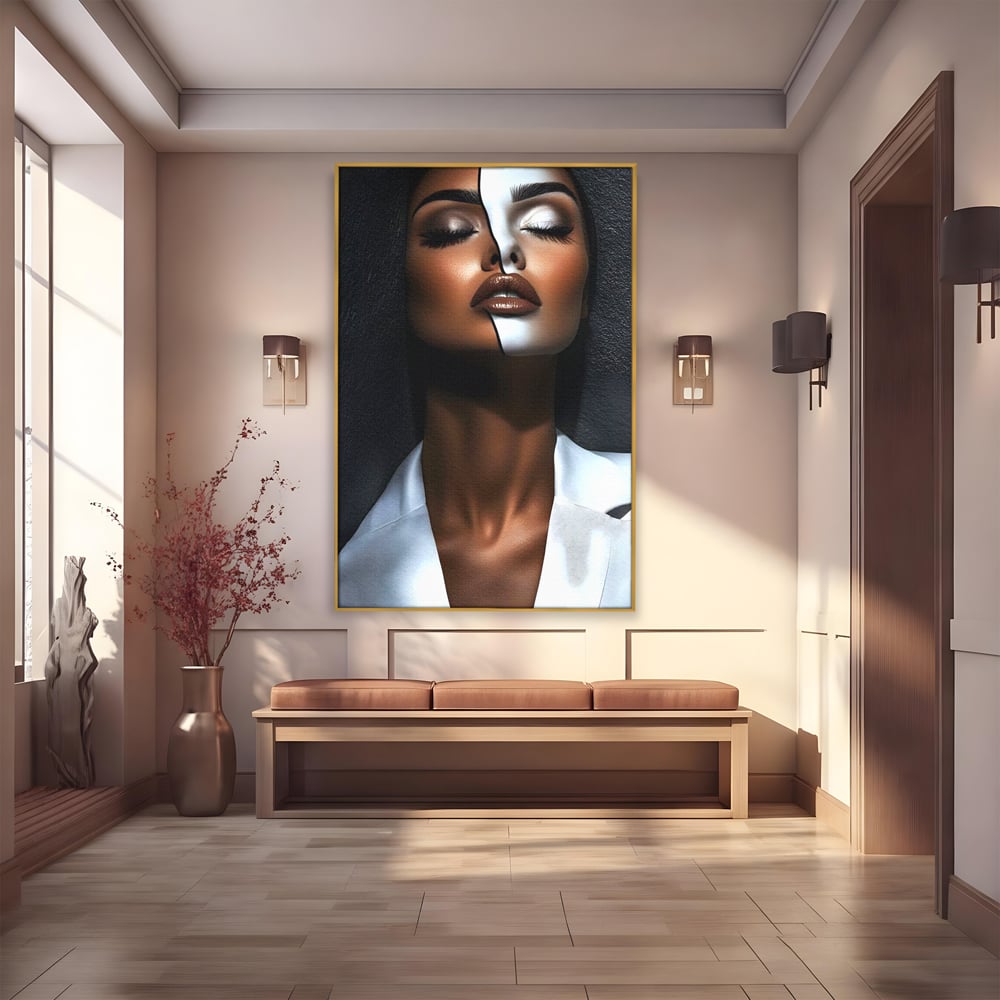 Tablou canvas cu tablou canvas cu portret dual de femeie, in rama de aluminiu auriu